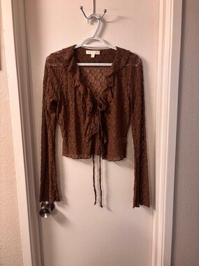 Sheer Lace Ruffle Tie-Front Blouse in Brown